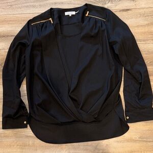Calvin Klein Black Long Sleeve Draped Blouse with Gold Zippers